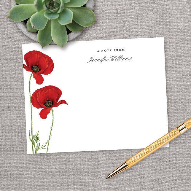 Elegant Vintage Red Oriental Poppy Floral w/ Name Note Card (Creator Uploaded)