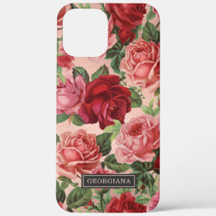 Elegant Vintage Red Pink Rose Floral Custom Name   iPhone 12 Pro Max Case