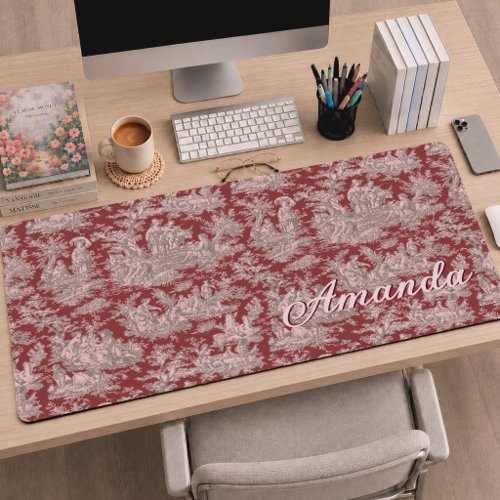 Elegant vintage red pink toile de jouy monogram desk mat