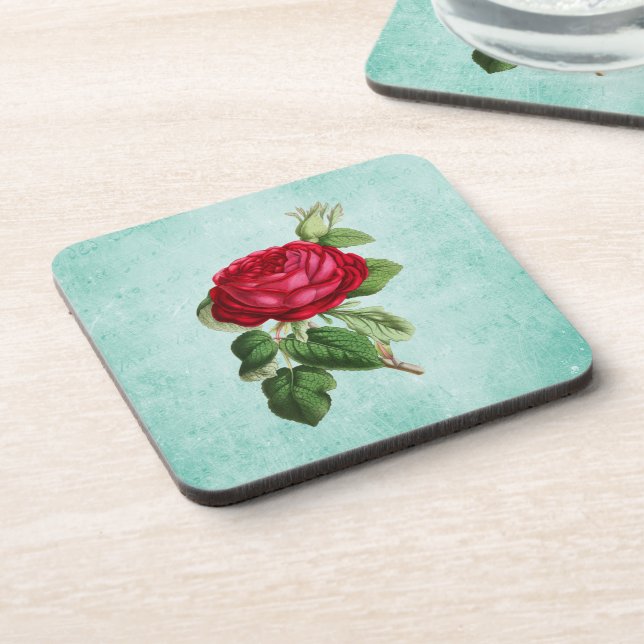 Elegant Vintage Red Rose Illustration Beverage Coaster (Left Side)