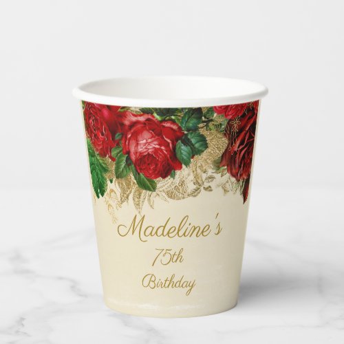 Elegant Vintage Red Rose Tan 75th Any Age Birthday Paper Cups