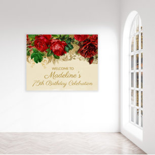 Elegant Vintage Red Rose Tan 75th Any Age Birthday Poster
