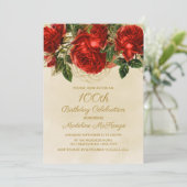 Elegant Vintage Red Roses 100th Birthday Invitation (Standing Front)