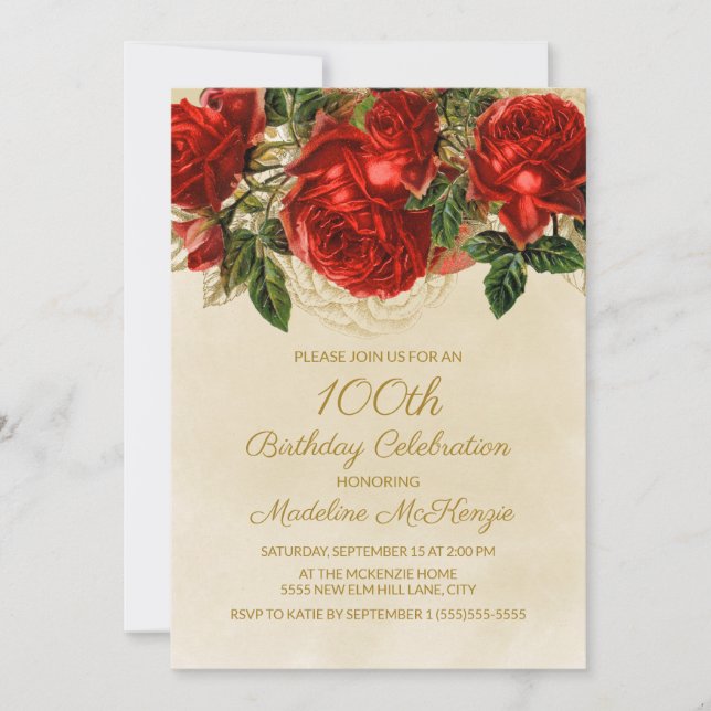 Elegant Vintage Red Roses 100th Birthday Invitation (Front)