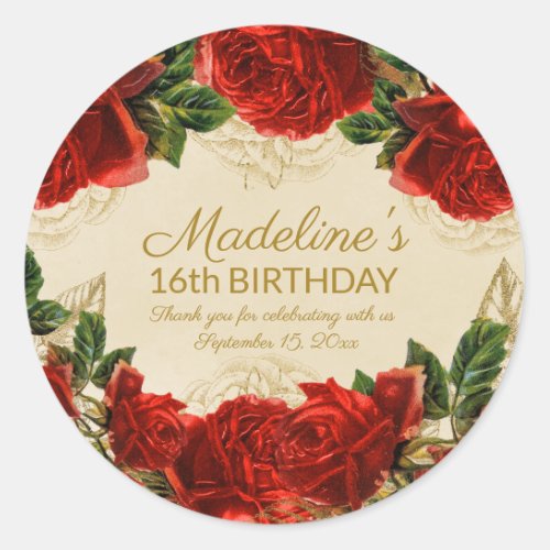 Elegant Vintage Red Roses 16th Birthday   Classic Round Sticker