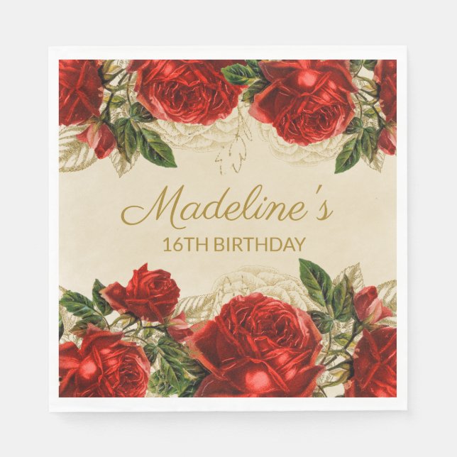 Elegant Vintage Red Roses 16th Birthday Napkins (Front)