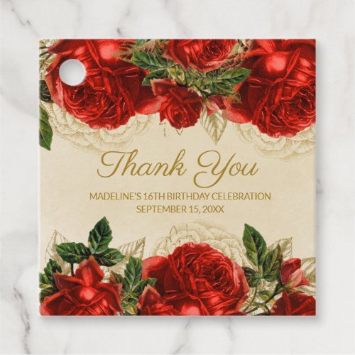 Elegant Vintage Red Roses 16th Birthday Thank You  Favor Tags