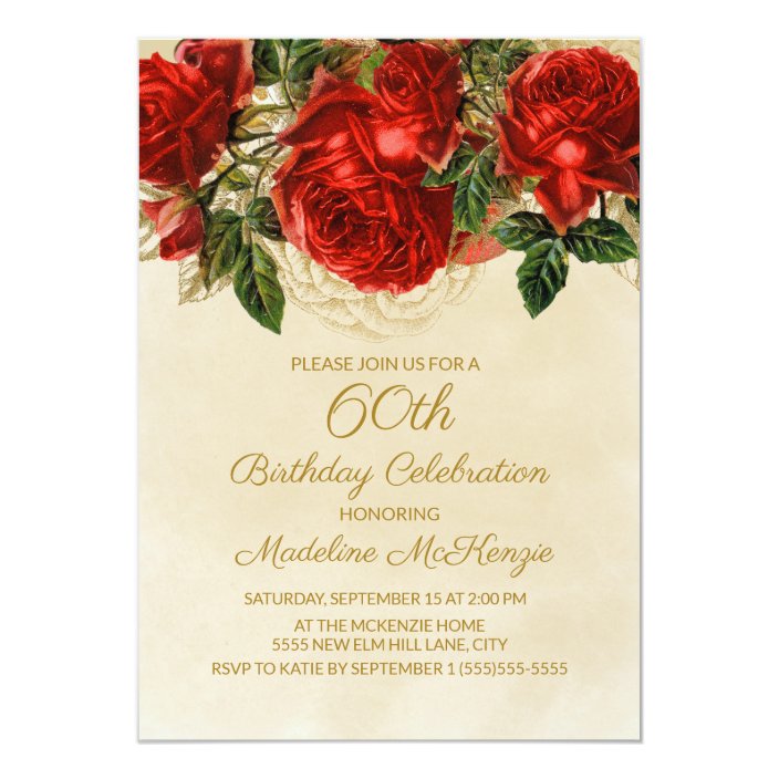 Elegant Vintage Red Roses 60th Birthday Invitation Zazzle Com
