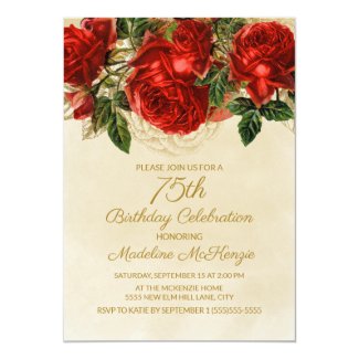 Elegant Vintage Red Roses 75th Birthday Invitation