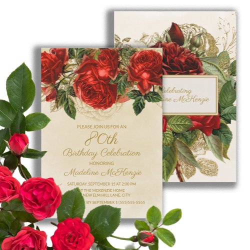 Elegant Vintage Red Roses 80th Birthday Invitation