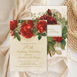 Elegant Vintage Red Roses 80th Birthday Invitation