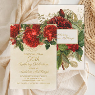Elegant Vintage Red Roses 90th Birthday Invitation