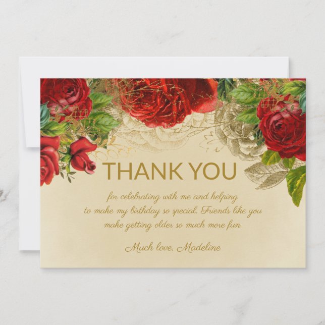 Elegant Vintage Red Roses Birthday Thank You (Front)