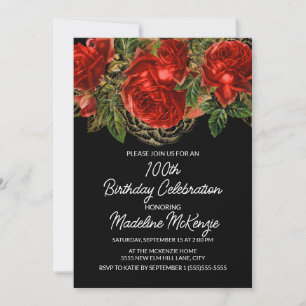 Elegant Vintage Red Roses Black 100th Birthday Invitation