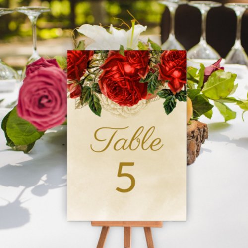 Elegant Vintage Red Roses Champagne Table 5 Table Number