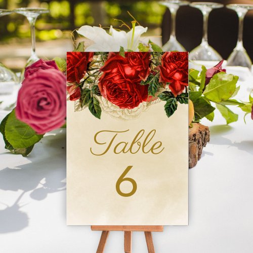 Elegant Vintage Red Roses Champagne Table 6 Table Number