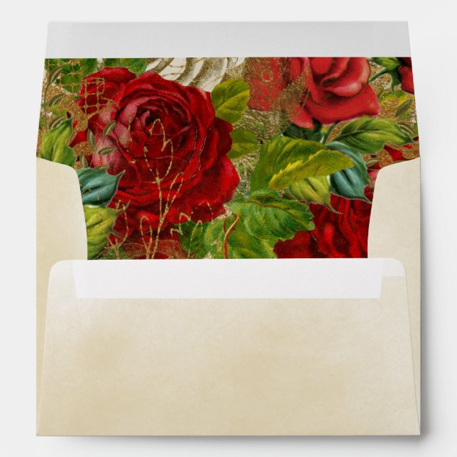 Elegant Vintage Red Roses Cream Tan Birthday Envelope (Back (Bottom))