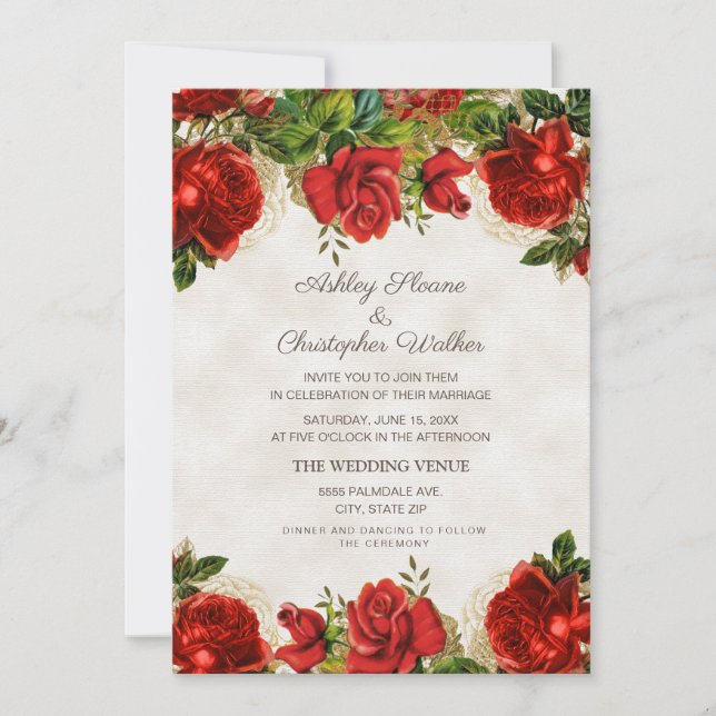 Elegant Vintage Red Roses Wedding Invitation (Front)