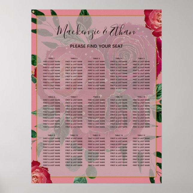 Elegant Vintage Red Roses Wedding Seating Chart (Front)