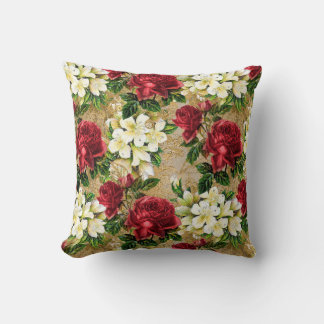 Elegant Vintage Red Roses White Floral Brown Throw Pillow