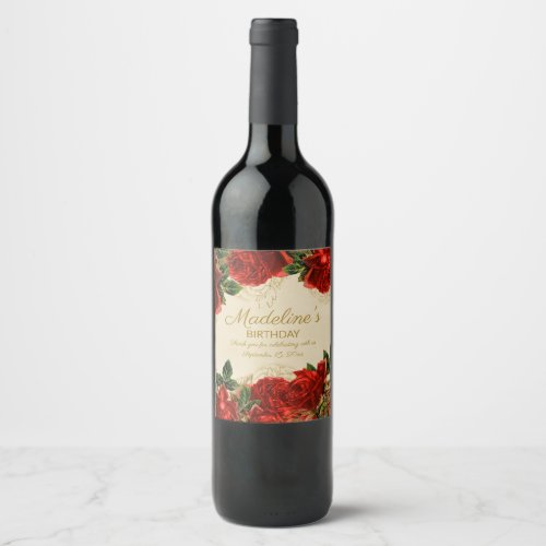 Elegant Vintage Red Rosesl Greenery Birthday Party Wine Label