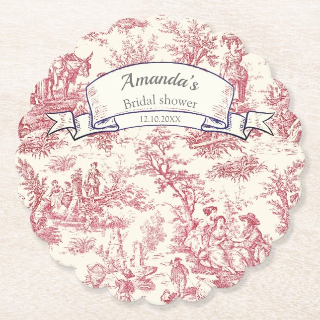 Elegant vintage red toile de jouy paper coaster (Front)