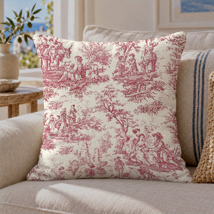 Elegant vintage red toile de jouy throw pillow