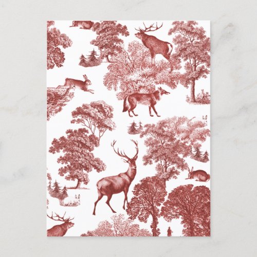 Elegant Vintage Red Toile Deer Fox Woods Postcard