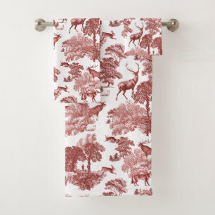 Elegant Vintage Red Toile Deer Pattern Bath Towel Set