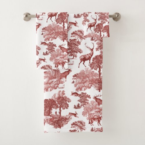 Elegant Vintage Red Toile Deer Pattern Bath Towel Set