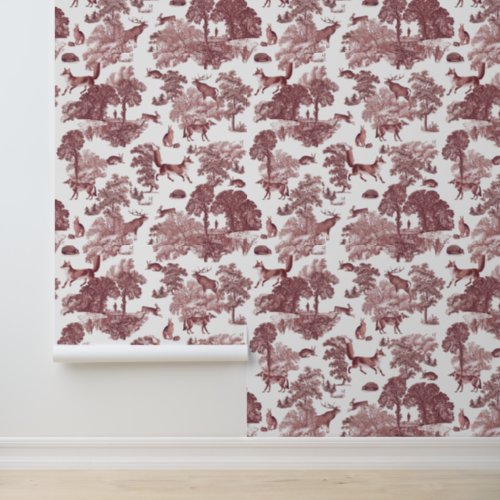 Elegant Vintage Red Toile Fox Forest Animals  Wallpaper