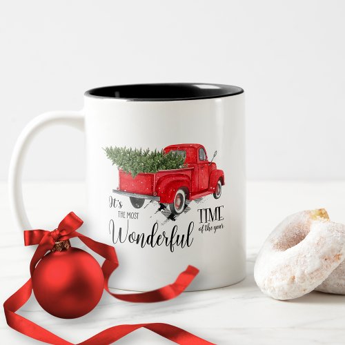 Elegant Vintage Red Truck Script Christmas Tree Two_Tone Coffee Mug