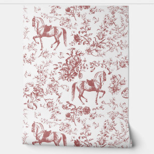 Elegant Vintage Red White Horse Floral Pattern Wallpaper