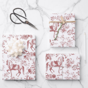 Elegant Vintage Red White Horse Floral Pattern Wrapping Paper Sheets