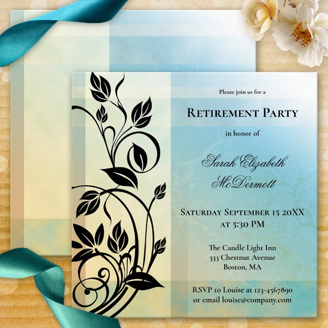 Elegant Vintage Retirement Party Invitation (Vintage style retirement invitation with elegant floral swirls on a blue veined geometric design)