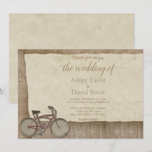 Elegant Vintage Retro Bicycle Rustic Wood Wedding Invitation (Front/Back)