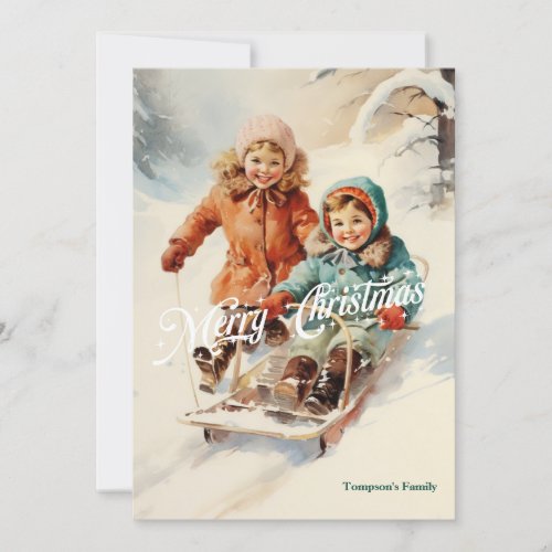 Elegant vintage retro classic kids with sleigh holiday card