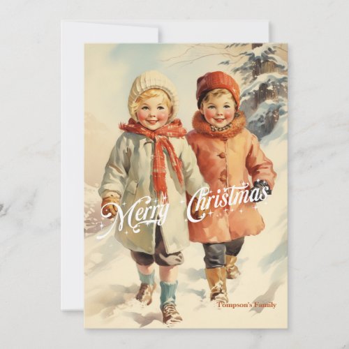 Elegant vintage retro classic kids with sleigh holiday card