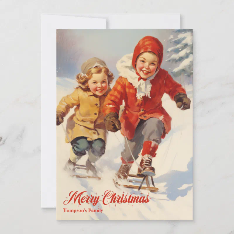Elegant vintage retro classic kids with sleigh holiday card (Front)