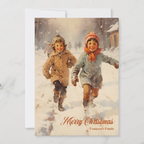 Elegant vintage retro classic kids with sleigh holiday card