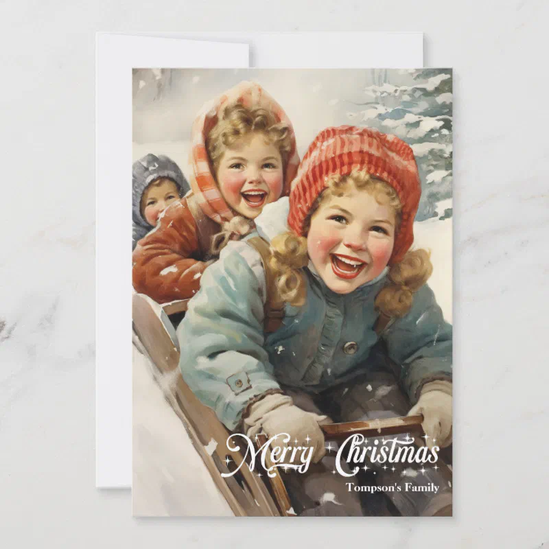 Elegant vintage retro classic kids with sleigh holiday card (Front)
