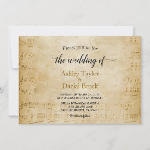 Elegant Vintage Retro Old Script Musical Wedding Invitation