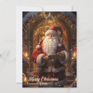 Elegant vintage retro Santa Claus in front on door Holiday Card