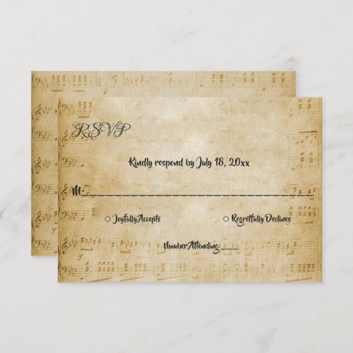Elegant Vintage Retro Sheet Music Note Wedding RSVP Card