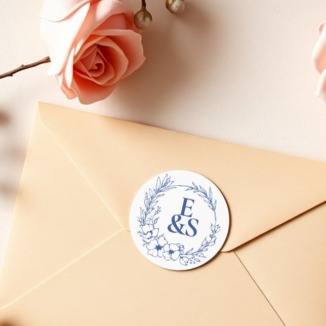 Elegant Vintage Romance Blue Monogram Wedding Classic Round Sticker (Creator Uploaded)