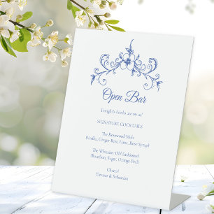 Elegant Vintage Romance Blue Wedding Open Bar Pedestal Sign