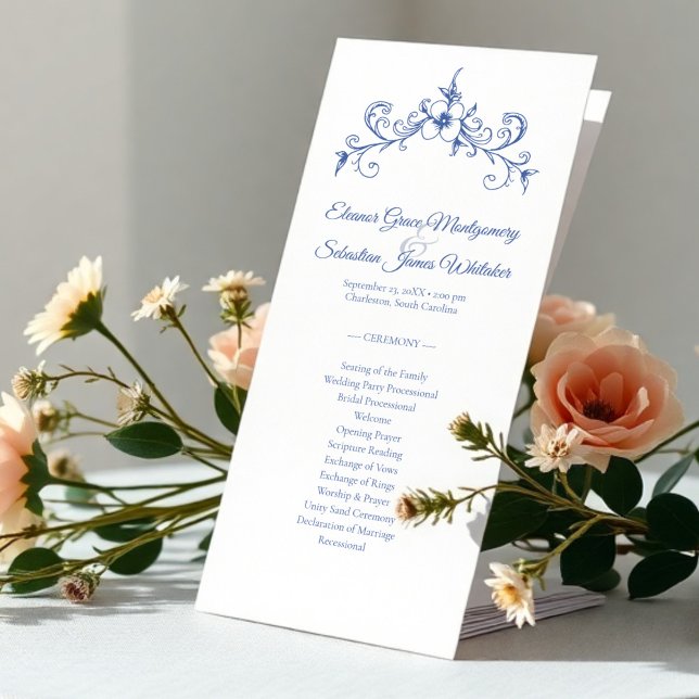 Elegant Vintage Romance Blue Wedding Program Card (Creator Uploaded)