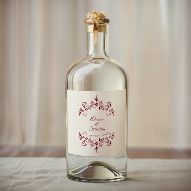 Elegant Vintage Romance Burgundy Floral Wedding Liquor Bottle Label (Creator Uploaded)