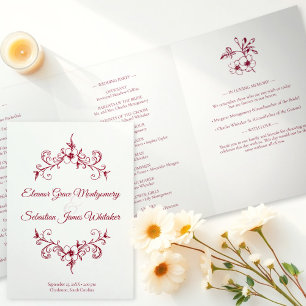 Elegant Vintage Romance Burgundy Floral Wedding Tri-Fold Program