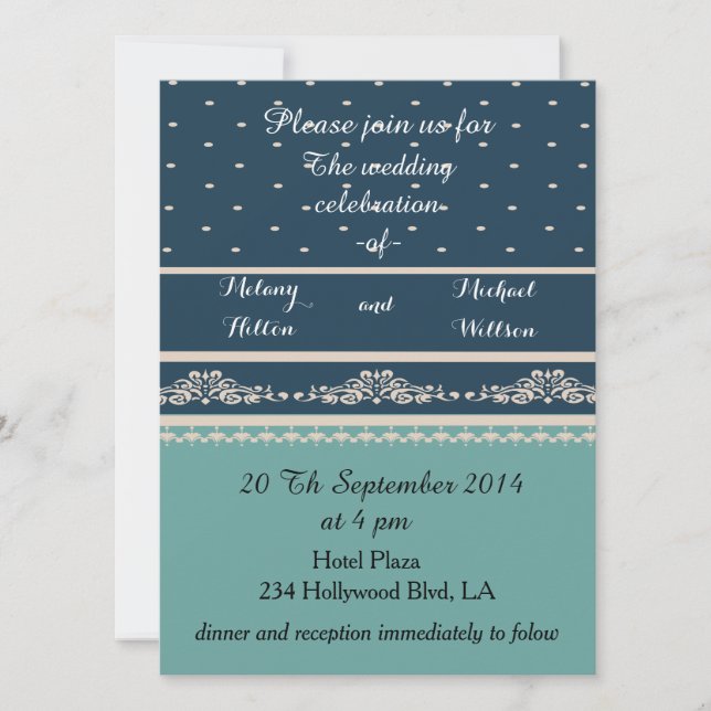 Elegant vintage romantic damask polka dots wedding invitation (Front)